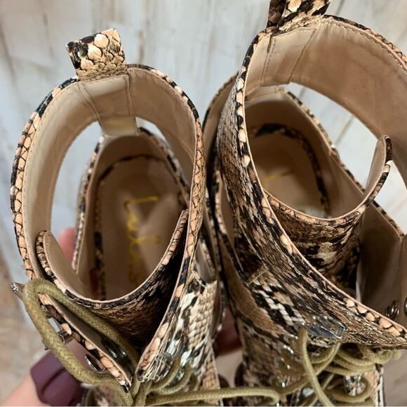 Lulus Vincient Tan Snake Print Cutout Lave-up Ankle Booties - Picture 4 of 7